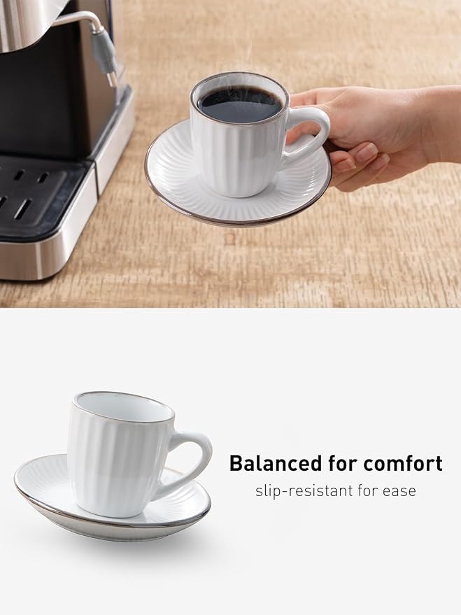 famiware Espresso Cups and Saucers Set of 4, 3 oz Ceramic Small Coffee Mug with Handle, Embossed Stoneware Demitasse Cup for Tea, Latte - Microwave & Dishwasher Safe - White Stripe