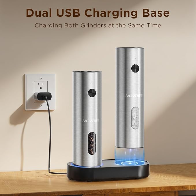 Newise Electric Salt and Pepper Grinder Set - Charging Base, Automatic Rechargeable Pepper Mill with Adjustable Coarseness, LED Lights, Large Capacity, Kitchen Appliance for Mom Wife