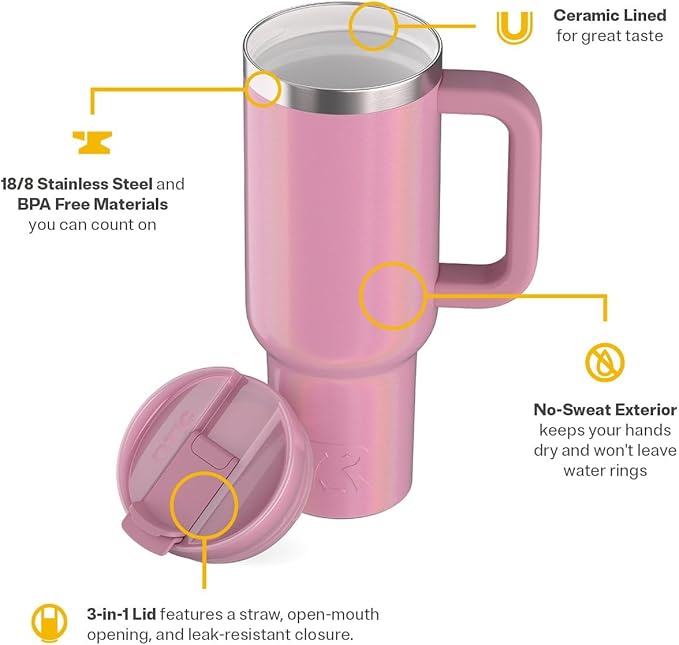 RTIC 40 oz Road Trip Tumbler Double-Walled Cermaic Lined Insulated Stainless Steel Portable Travel Coffee Mug Cup with Lid, Handle and Straw, Dusty Rose Glitter