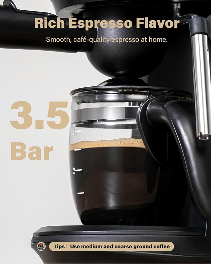SHARDOR 3.5 Bar Espresso Machine, Compact Expresso Coffee Machines for Home, 4-Cup Espresso Maker with Milk Frother for Cappuccino & Latte, Fast Heating System, Easy-to-Use, 800W, Black