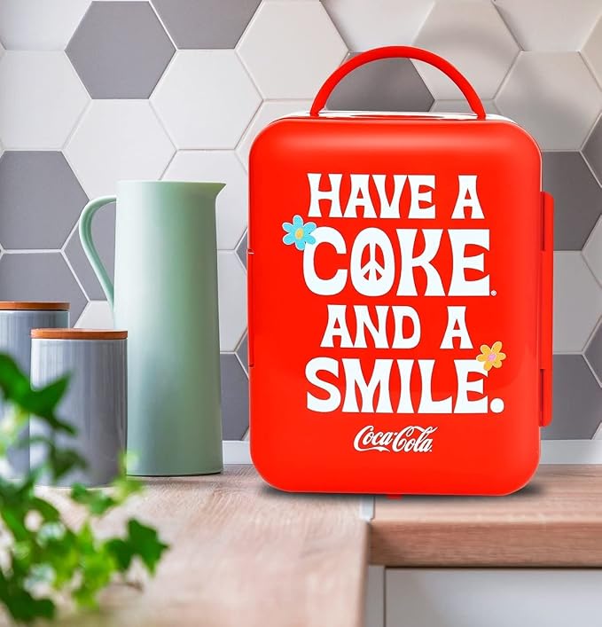 Coca-Cola Mini Fridge, 6-Can Portable AC/DC Thermoelectric Cooler & Warmer, Compact Dorm Fridge for Skincare, Office Desk, Car, RV, Countertop Beverage Storage, Retro Novelty Refrigerator