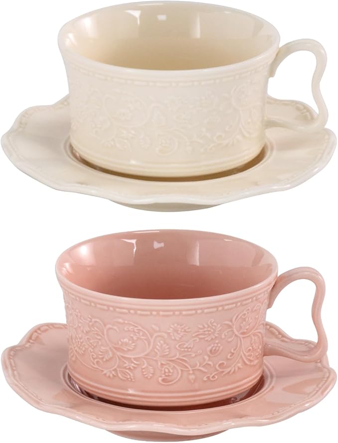 KAMMAK Tea Cups and Saucers Set of 2, 7oz Porcelain Coffee Cups with Saucers, Ceramic Espresso Mugs for Coffee, Latte, Americano, Tea, Elegant Teacup and Saucer (YFH1+2)