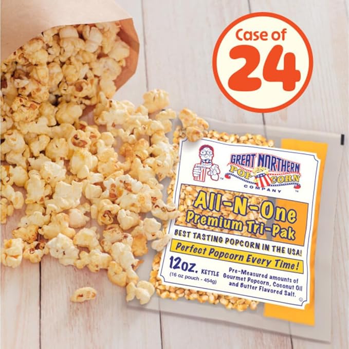 12oz Popcorn Machine Popcorn Packets - All-in-One Movie Theater Style Popcorn Kernels, Salt, and Oil Packs by Great Northern Popcorn (24 Case)