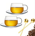 Glass Teacup and Saucer Set, Clear Coffee Mug and Saucer with Gold Stainless Steel Spoon, Teacups for Espresso Cappuccino Latte Tea Juice, 12OZ/350ml (Clear - 2 Pack)