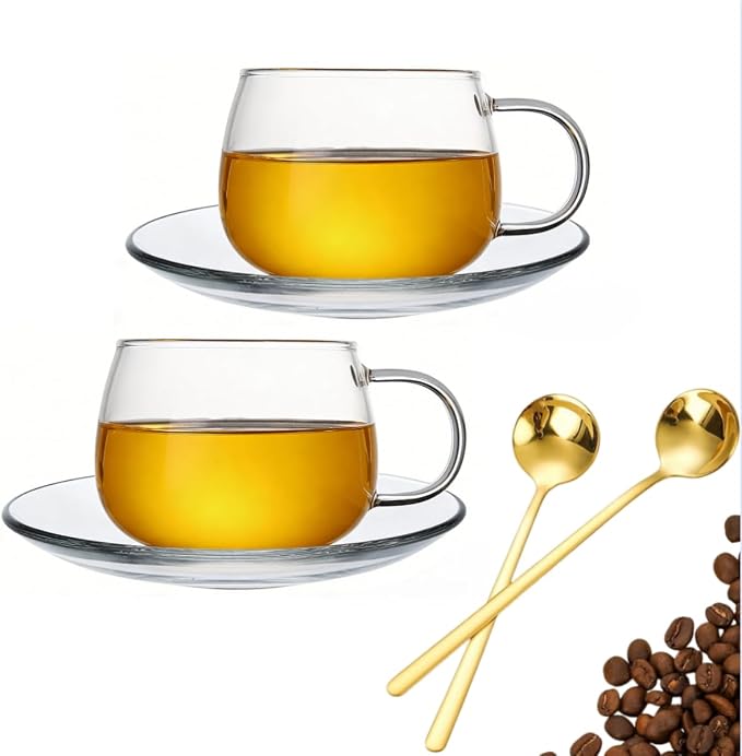 Glass Teacup and Saucer Set, Clear Coffee Mug and Saucer with Gold Stainless Steel Spoon, Teacups for Espresso Cappuccino Latte Tea Juice, 12OZ/350ml (Clear - 2 Pack)