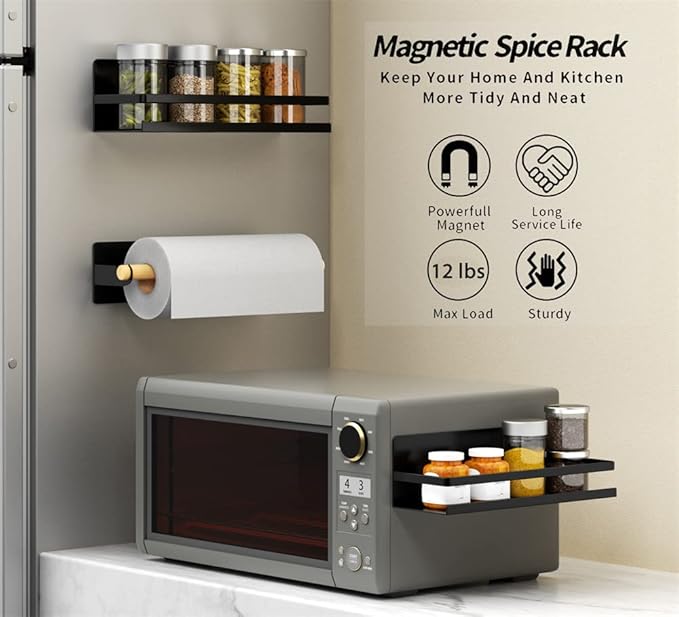 Magnetic Spice Rack Magnetic Paper Towel Holder for Refrigerator Fridge Organizer for Kitchen, Space Saver Container for Kitchen/Apartment, Drill Free, Black