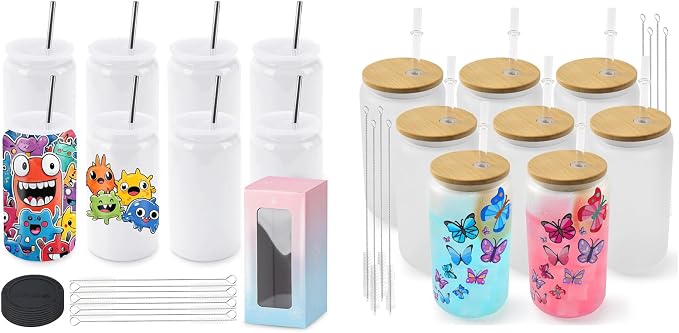 Joyclub Bundle of 8 Set Sublimation Tumblers and 8 Pack Sublimation Glass Cups