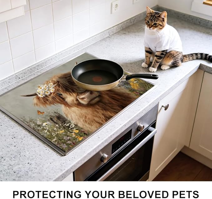 Stove Top Cover for Electric Stove 28.35 x 20.47 Inch Non Slip Stove Mat Highland Cow Daisy Glass Cooktop Protector Kitchen Counter Mat