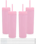 Volhoply 16oz Plastic Skinny Tumbler With Lid and Straw Bulk 4 Pack,Insulated Double Wall BPA Free Matte Acrylic Tumblers,Iced Coffee Travel Mug Reusable Party Cup,Customizable Diy Gifts(Pink,4 Set)
