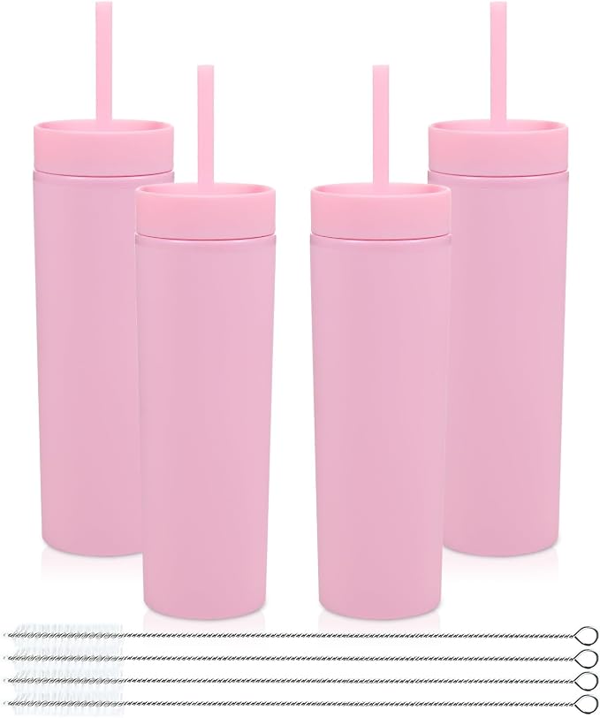 Volhoply 16oz Plastic Skinny Tumbler With Lid and Straw Bulk 4 Pack,Insulated Double Wall BPA Free Matte Acrylic Tumblers,Iced Coffee Travel Mug Reusable Party Cup,Customizable Diy Gifts(Pink,4 Set)