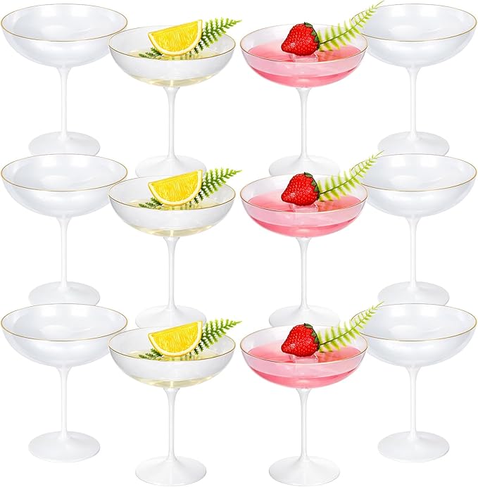 LemonRoad 12 Pcs Plastic Coupe Glasses 9 oz Disposable Martini Glasses for Cocktails, Champagne, Desserts and Espresso, Drinkware Set for Weddings, Birthday Parties, Home Bars (Pearl White)