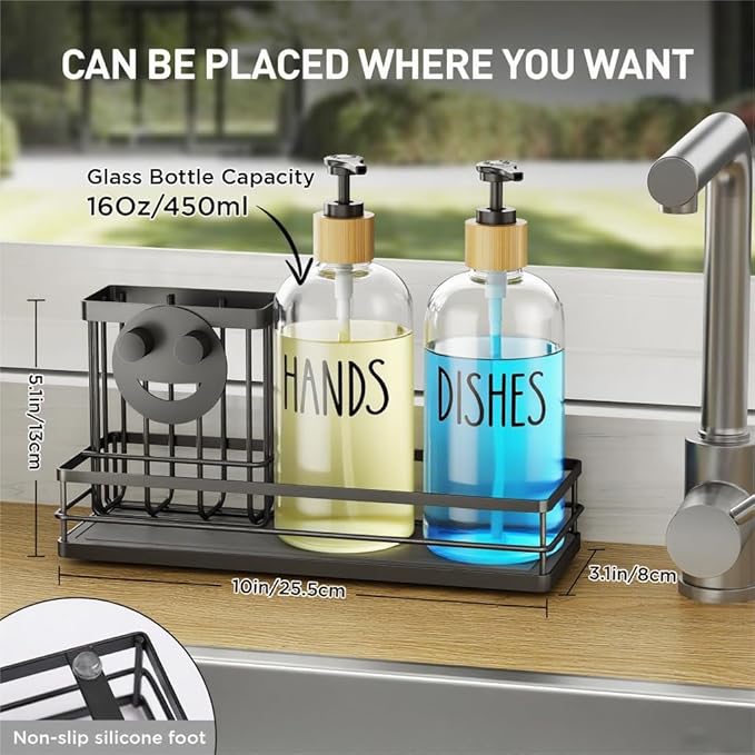 Moforoco Kitchen Dish Soap Dispenser Set, 16OZ Glass Bottle, Hand and Dish Soap Dispenser Set, Instant Dry Tray, Brush Holder with Smiley Face Sponge Holder (Black Tray+Clear Bottle)