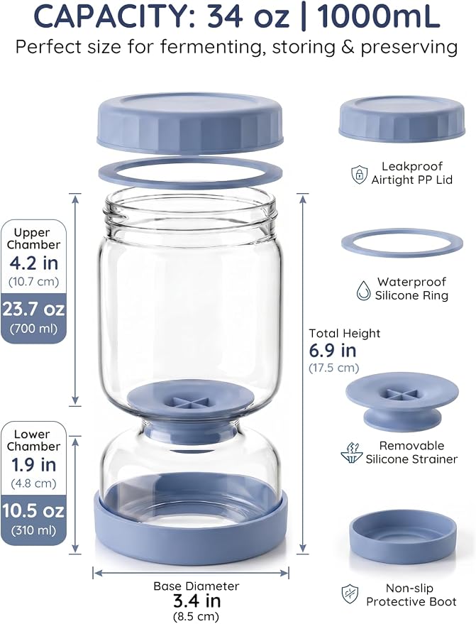 Homnoble Pickle Jar with Strainer Flip for Pickle Juice Separator from Wet and Dry, Upgrade Food-grade ABS Lid and BPA Free Hourglass Pickle Jar for Airtight Food Storage, Haze Blue