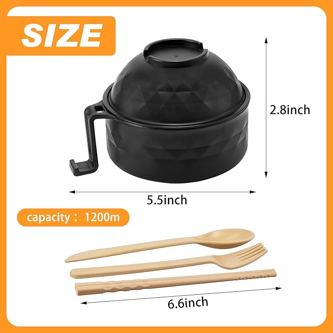 2 Sets Microwave Ramen Bowl 40 oz Wheat Fiber Portable Instant Noodle Cooker Bowl with Handles Strainer Spoon Chopstick Fork College Dorm Room Apartment Essentials(Gray,Black)
