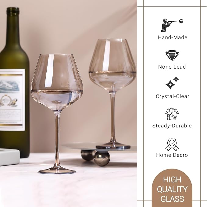 Physkoa Mocha Mousse Color Wine Glasses Set 6-18oz Long Stem Smokey Gray Wine Glasses-Hand Blown Mocha Stemware for Home Decro Pary