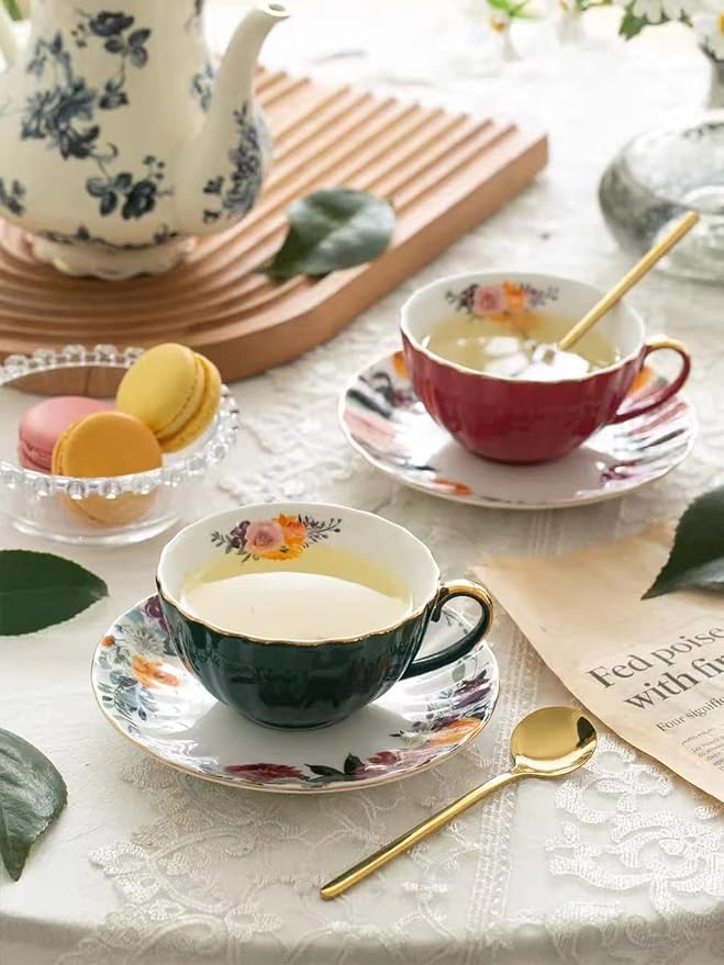 Porcelain Tea Cup with Saucers and Spoon, 2 Sets of 8 Oz Floral Coffee Mug with Gold Trim Holder, Royal Ceramic Teacup Set, Espresso Latte Mugs for Wedding Birthday Party Table Supplies (Red + Green)