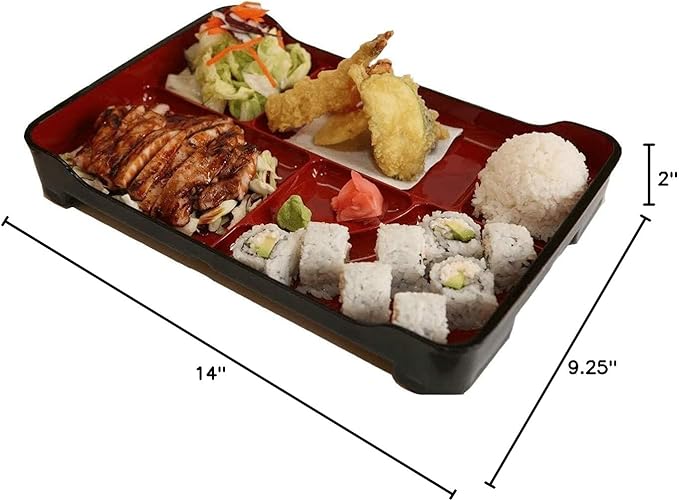 JapanBargain 1590, Japanese Lunch Bento Box Traditional Plastic Lacquered Bento Plate 6 Compartments for Restaurant or Home, Red and Black Color, 14"x9.25", Made in Japan, 5 Pack