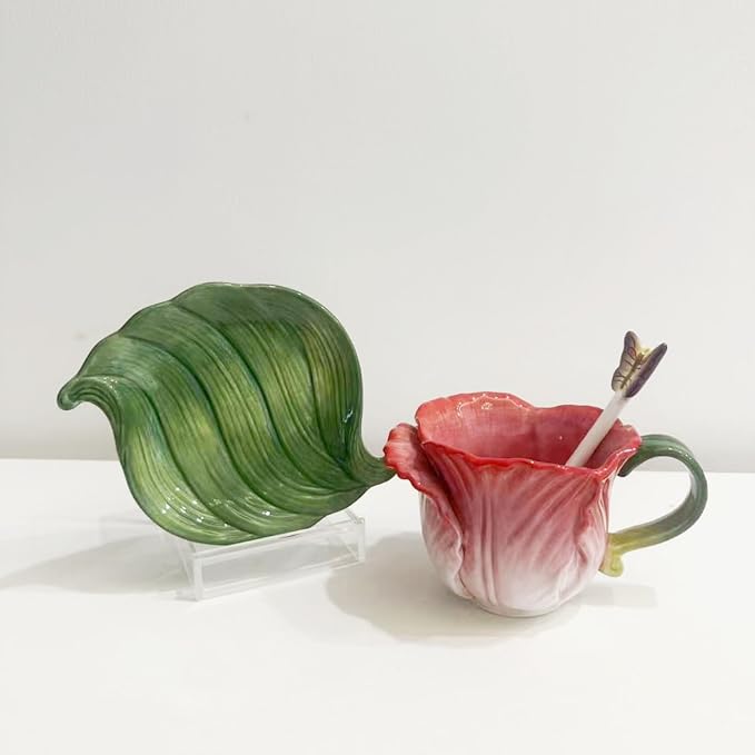 Ceramic Tea Cup and Saucer Set ，8OZ 3D Hand-Painted Flower Coffee Mug，Gift for Women -RoseRed