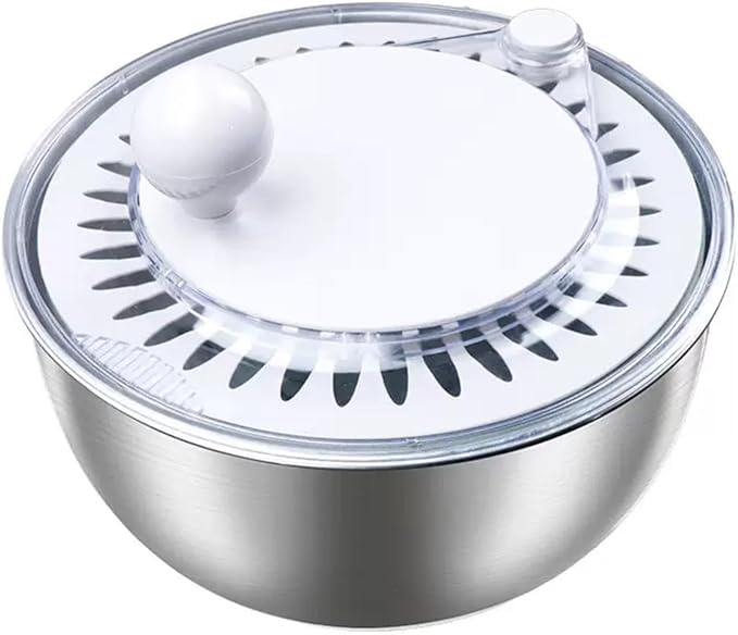 Stainless Steel Salad Spinner, 5L Capacity Vegetable Washer, Lettuce Dryer with Non-Slip Base and Stop Button, 9.65 Inch Diameter Salad Bowl Fruit Washer