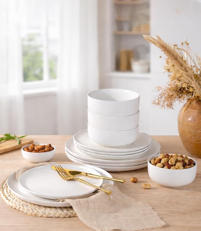 LERATIO Stoneware Dinnerware Sets for 6,Handcarft Ceramic Plates and Bowls Sets,Chip and Scratch Resistant Dishes, Dishwasher & Microwave Safe, Oven safe,Reactive Glaze-White