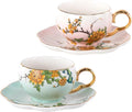 KAMMAK Tea Cups and Saucers Set of 2, Porcelain Coffee Cups, Stackable Espresso Mugs, Ceramic Demitasse for Coffee, Latte, Americano, Tea, Gradient - Pink + Blue