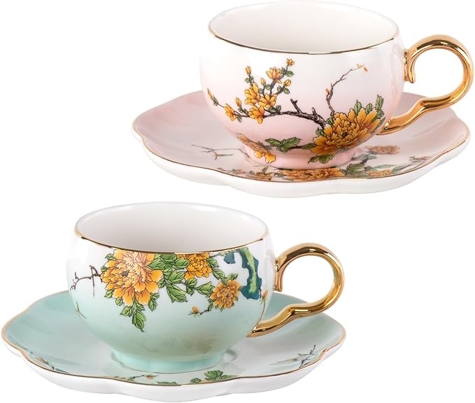 KAMMAK Tea Cups and Saucers Set of 2, Porcelain Coffee Cups, Stackable Espresso Mugs, Ceramic Demitasse for Coffee, Latte, Americano, Tea, Gradient - Pink + Blue