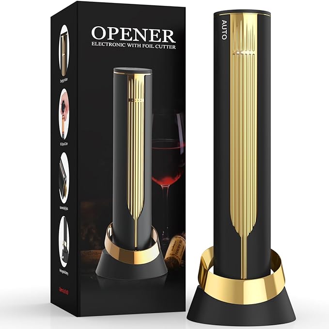 Newise Rechargeable Electric Wine Opener with Charging Base & Foil Cutter, Automatic Corkscrew for 60 Bottles, Luxury Mothers Gift for Wine Lovers Women Men - Gold & Black