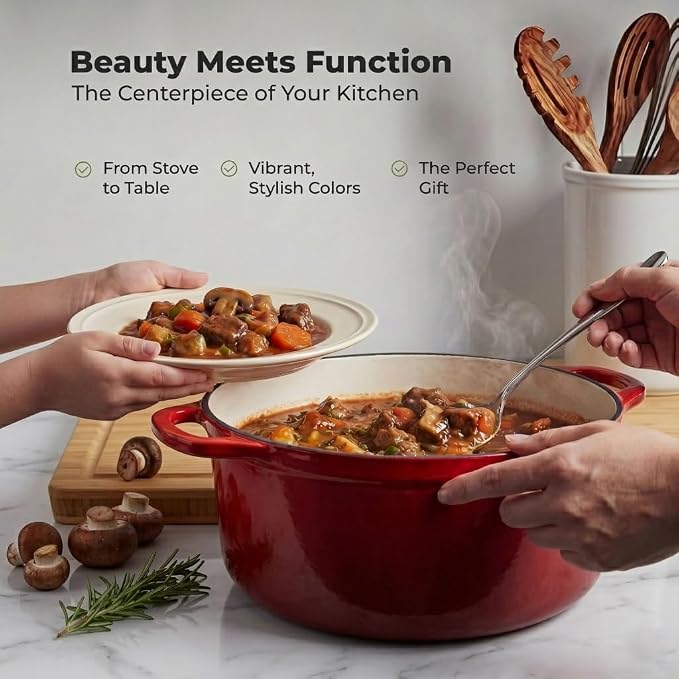 Zulay Kitchen 7.7 Quart Enameled Cast Iron Dutch Oven Pot with Lid – Premium Durability & Oven Safe up to 500°F – Heavy Duty Cookware Perfect for Bread Baking, Stews, Braising & Roasting – Ablaze Red