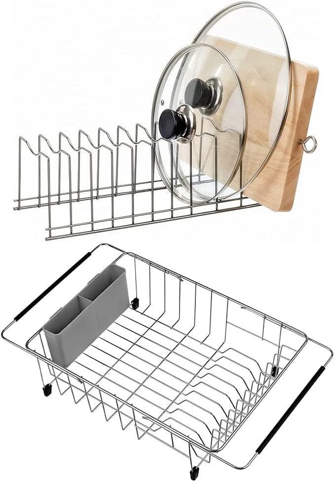 SANNO Pot Lid Organizer Pot Lid Rack Holder Drawer Plate Organizer Expandable Dish Drying Rack Sink Dishes Drainer, Dish Rack with Utensil Silverware Storage Holder