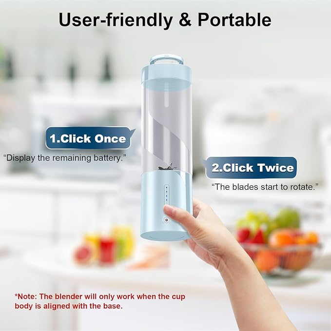 Portable Personal Blender for Fresh Juice, Shakes and Smoothies - 16 Oz Mini Small Blender Bottle Cup with 6 Blades, USB Rechargeable, BPA Free for Kitchen, Travel, Office, Gym