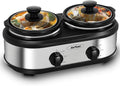 Sunvivi Dual Slow Cooker, Buffet Server and Food Warmer, Small Mini Pot with 3 Adjustable Temp & 2 Visible Glass Lids, for Parties, Holidays and Entertaining, Stainless Steel, 2 * 1.25 Quarts