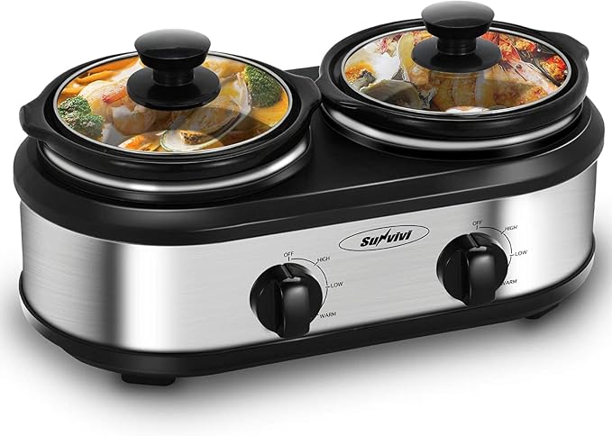 Sunvivi Dual Slow Cooker, Buffet Server and Food Warmer, Small Mini Pot with 3 Adjustable Temp & 2 Visible Glass Lids, for Parties, Holidays and Entertaining, Stainless Steel, 2 * 1.25 Quarts