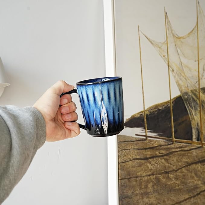 Bosmarlin Ceramic Coffee Mug Set of 4, 15 Oz, Coffee Cups with Big Handle, Microwave Safe, Unique Reactive Glaze (Royal Blue, 15 Oz)