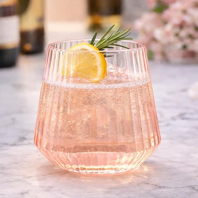 Oojami 40 Pack Pink Disposable Plastic Wine Glasses 12 oz - Ribbed Origami Stemless Unbreakable Reusable Wine Cups, BPA-Free Shatterproof Recyclable, Champagne Cocktail Wedding Party Birthday