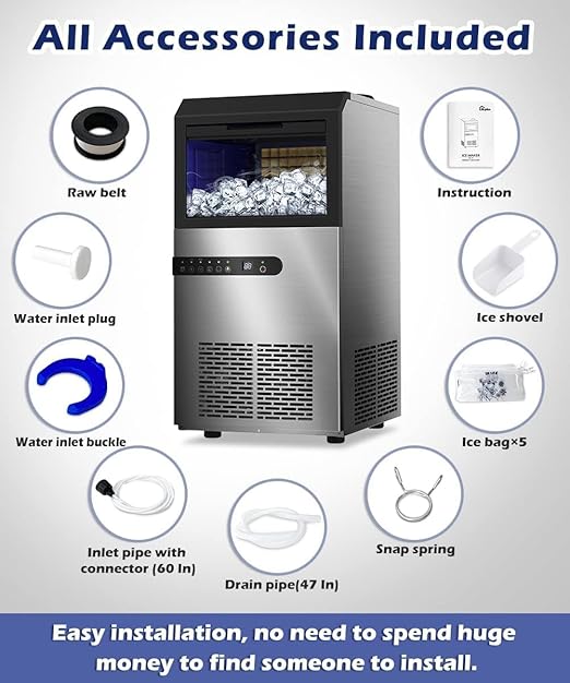 Commercial Ice Maker Machine, 120lbs/24H Stainless Steel Under Counter ice Machine with 45 Ice Cubes/Cycle, 2 Water Inlet Modes, Self Clean, 24H Timer,29LB Storage Bin for Bar, Coffee Shop, Home