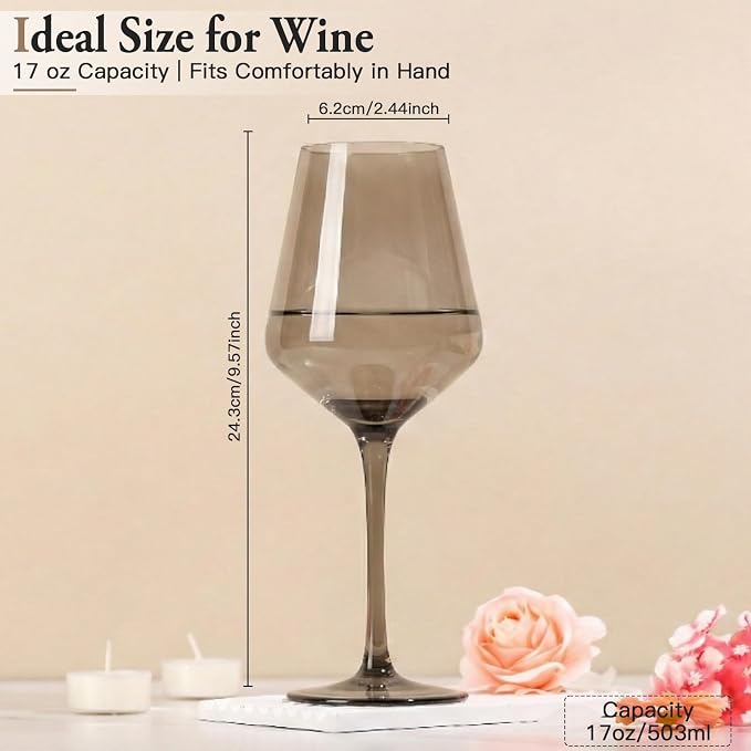 Gray Colored Wine Glasses Set of 6, Handblown Wine Glasse,Gray Coloful Glassware,17OZ for Red or White Wine,for Wedding Gift, Anniversary, Christmas, Birthday,Mothers Day Gifts,Gifts for My Wife
