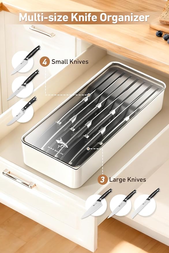 MAD SHARK 2-in-1 Detachable Knife Block & Silverware Organizer, Drawer Knife Holder for 7 Knives, BPA-Free, Blade-Safe Slots, Save Counter Space, Kitchen Drawer or Counter Storage, No Knives