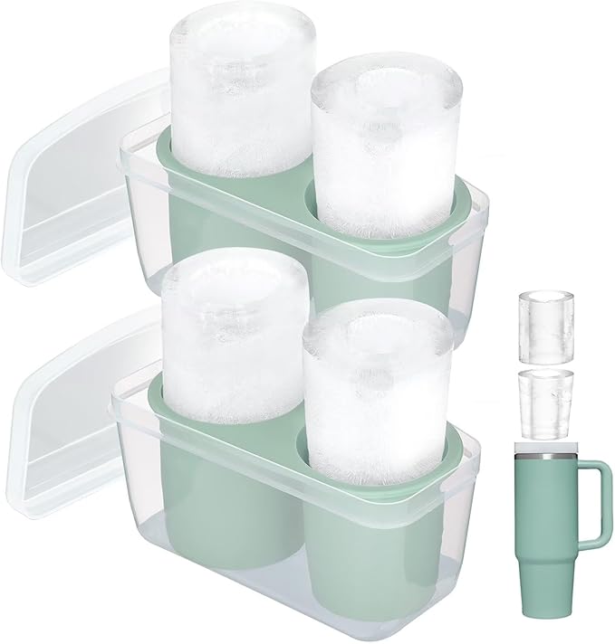 2 Packs Ice Mold for Stanley Cup, Silicone Ice Cube Tray for Stanley Cup 30oz-40oz, Tumbler Ice Mold with Lid and Bin, Easy Release Cylinder Ice Cube Mold, Eucalyptus