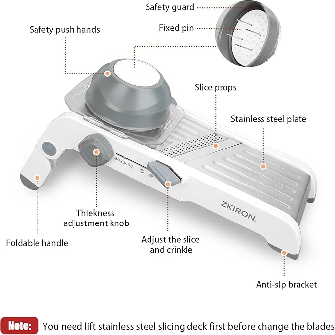 ZKIRON Large Mandoline Slicer for Kitchen - Professional Stainless Steel Onion Slicer & Cabbage Shredder, Integrated 2-in-1 Blade for Waffle & Smooth Cuts, Safety Hand Guard Included (Gray)