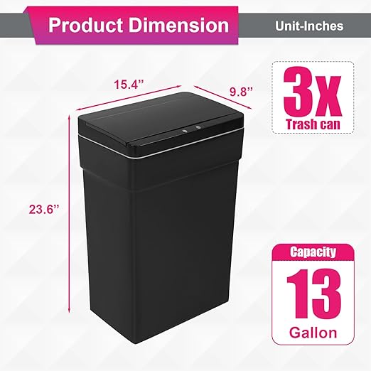 PayLessHere 13 Gallon 50 L Trash Can with Lid Plastic Kitchen Trash Bin Automatic Touch Free Motion Sensor Trash Can (3, Black)