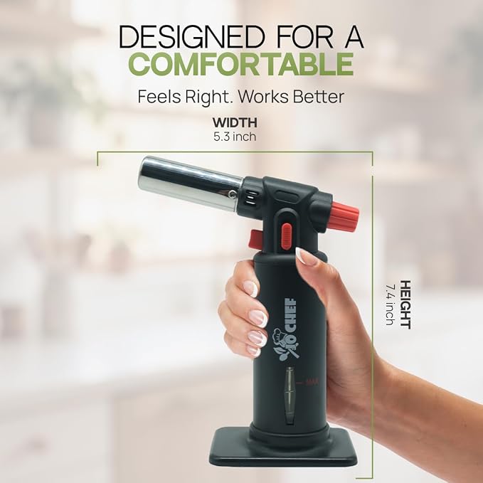 Jo Chef Kitchen Torch with Butane Included – Refillable butane torch Lighter with Safety Lock & Adjustable Flame, Culinary Blow Torch for Cooking, Creme Brulee 2 Cans (3.38oz) Included Black