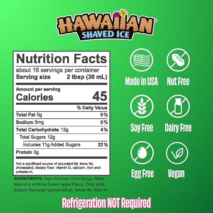 Hawaiian Shaved Ice Sour Green Apple Syrup - Nut Soy Dairy Free - Flavor Fluffy & Crunchy Snow Cones - Shelf Stable - Makes 8 Servings - 16 ounces
