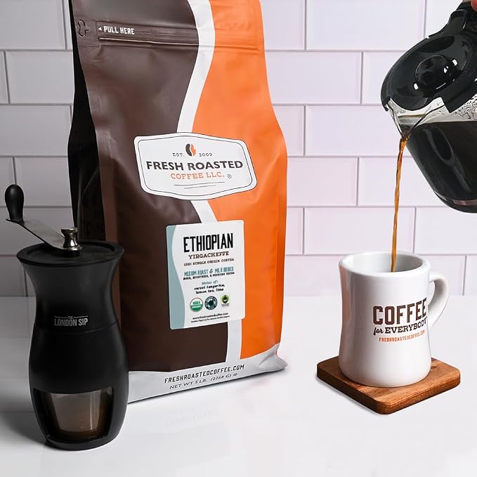 Fresh Roasted Coffee, Organic Ethiopian Yirgacheffe Whole Bean Coffee, Light Roast, USDA Organic, 3rd Party Tested for Mold, Mycotoxin & Pesticides, Kosher, 5 lb (80 oz)