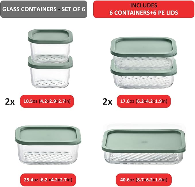 EATEX Grooved Base Glass Meal Prep Containers, 6 Pack Glass Storage Containers with Lids for Meal Prep & Lunch, Microwave Oven Freezer Dishwasher Safe, Anti Moisture Non-Stick Design - Sage Green