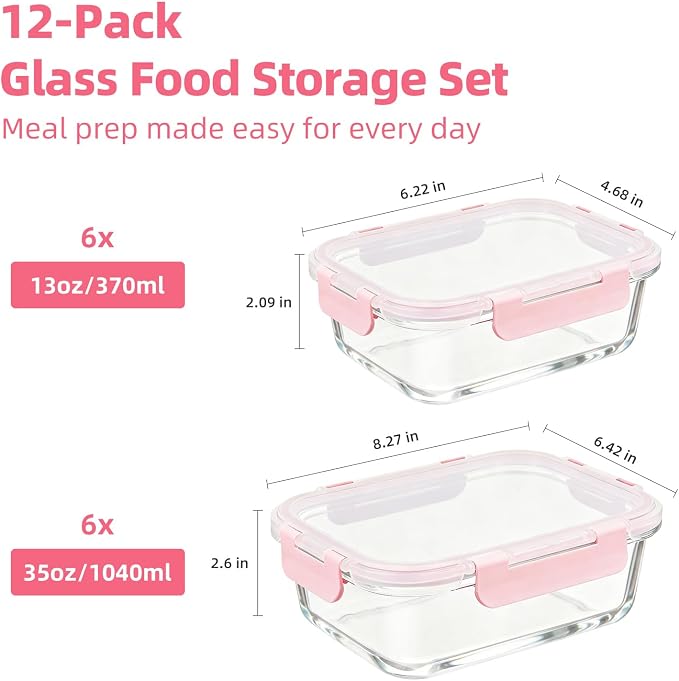 Konokyo Rectangular Glass Food Storage Containers with Lids, 12 Pack Airtight Leakproof Meal Prep Containers, BPA-Free, Microwave Oven Freezer & Dishwasher Safe, Assorted Sizes