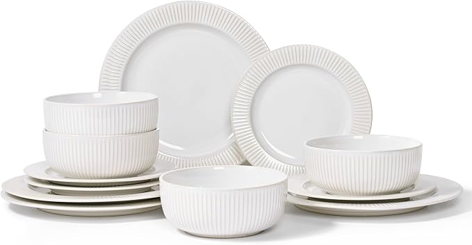 Embossed Ceramic Dinnerware Set for 4 - Arctic White Plates & Bowls Set 12 Pieces - Microwave & Dishwasher Safe Porcelain Chip Resistant Handmade Dishware Set Kitchen Gift, Vertical Stripe
