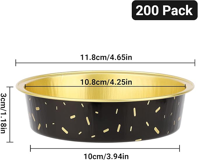Beasea Disposable Baking Cups, 200 Pack 7.3oz 215ml Aluminum Ramekins Foil Baking Cups 4" Cupcake Aluminum Mini Baking Cups No Lids for Party - Gold/in Black