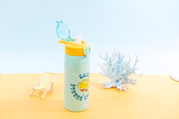 Zak Designs SpongeBob SquarePants Sage Kids Water Bottle For School or Travel, 19oz Stainless Steel Water Bottle With Straw, Handle, and Leak-Proof, Pop-Up Spout Cover (SpongeBob and Patrick)