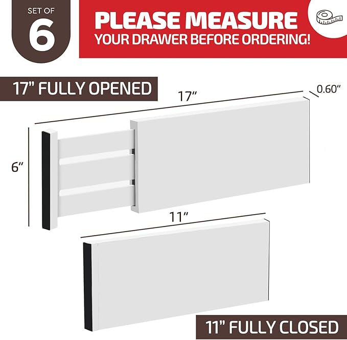 6-Pack Drawer Dividers 6 Inch High, 11”-17" Adjustable Bamboo Organizers Large Expandable Drawer Separators for Cloths, Dresser, Bedroom, Bathroom, Baby Drawer, Office & Kitchen Utensils (White)