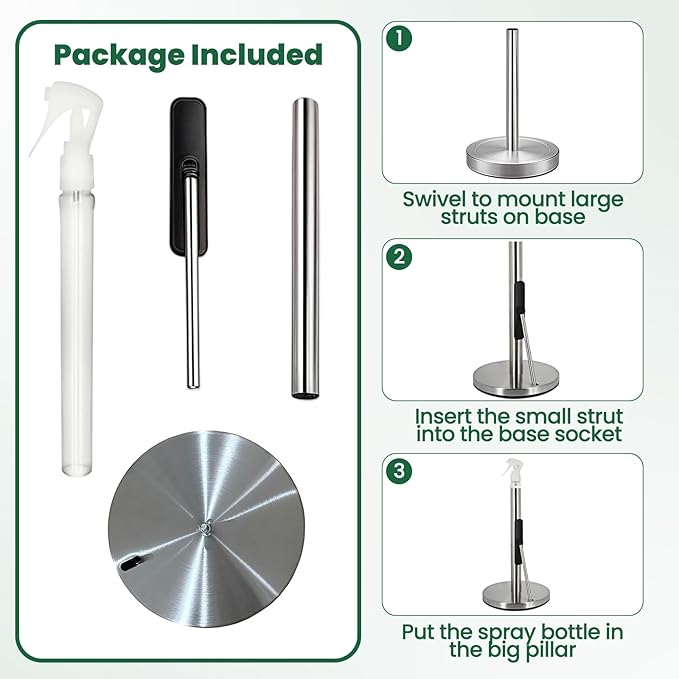 Paper Towel Holder with Spray Bottle,Heavy-Duty Countertop Kitchen Paper Towel Holder,Stainless Steel One-Handed Tear Kitchen Towel Dispenser for Countertop (Silver)